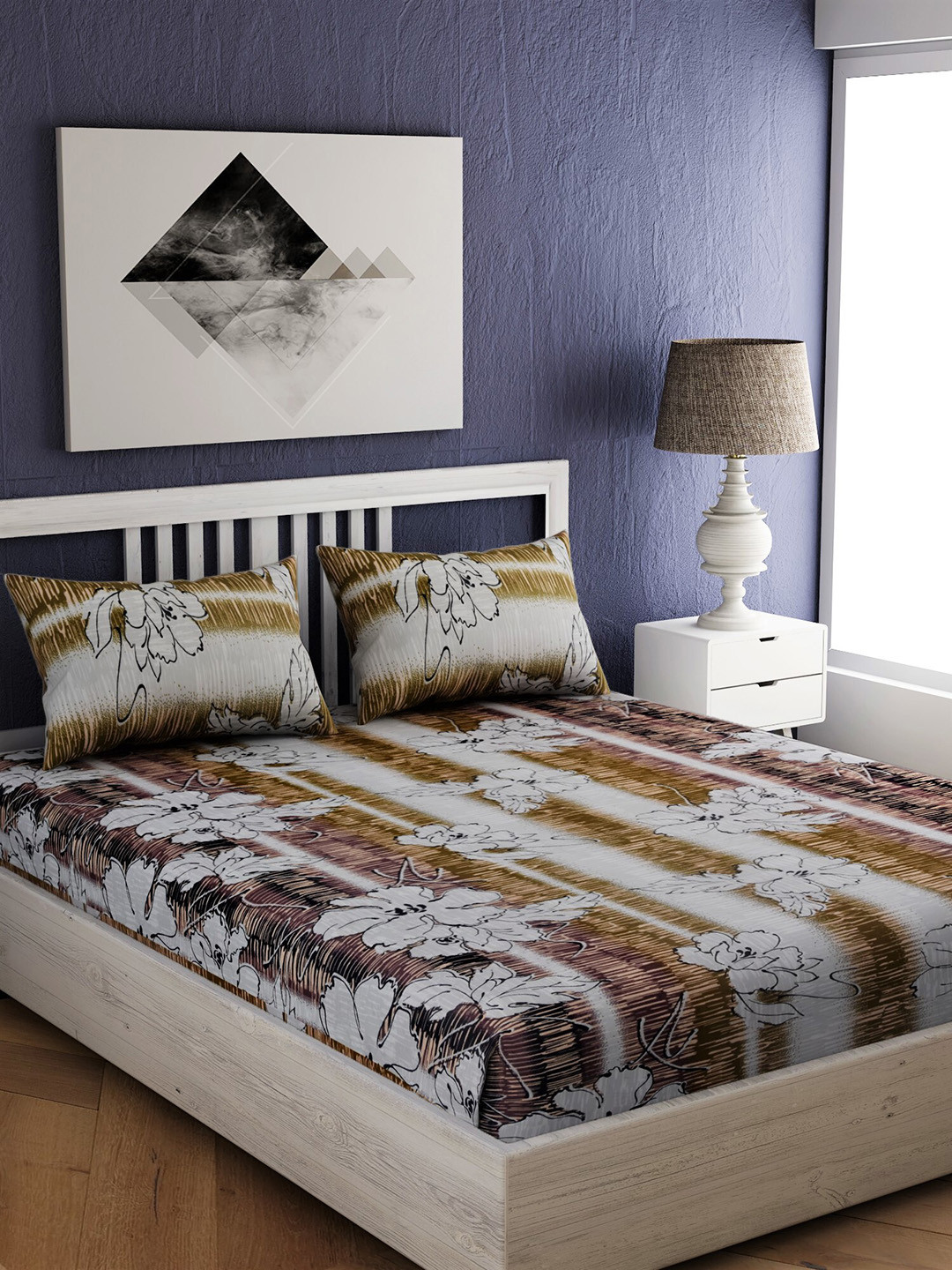 

EverHOME White & Olive Green Floral 144 TC Cotton 1 Queen Bedsheet with 2 Pillow Covers