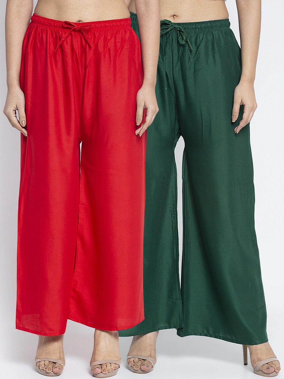 

GRACIT Women Pack of 2 Red & Green Solid Flared Palazzos