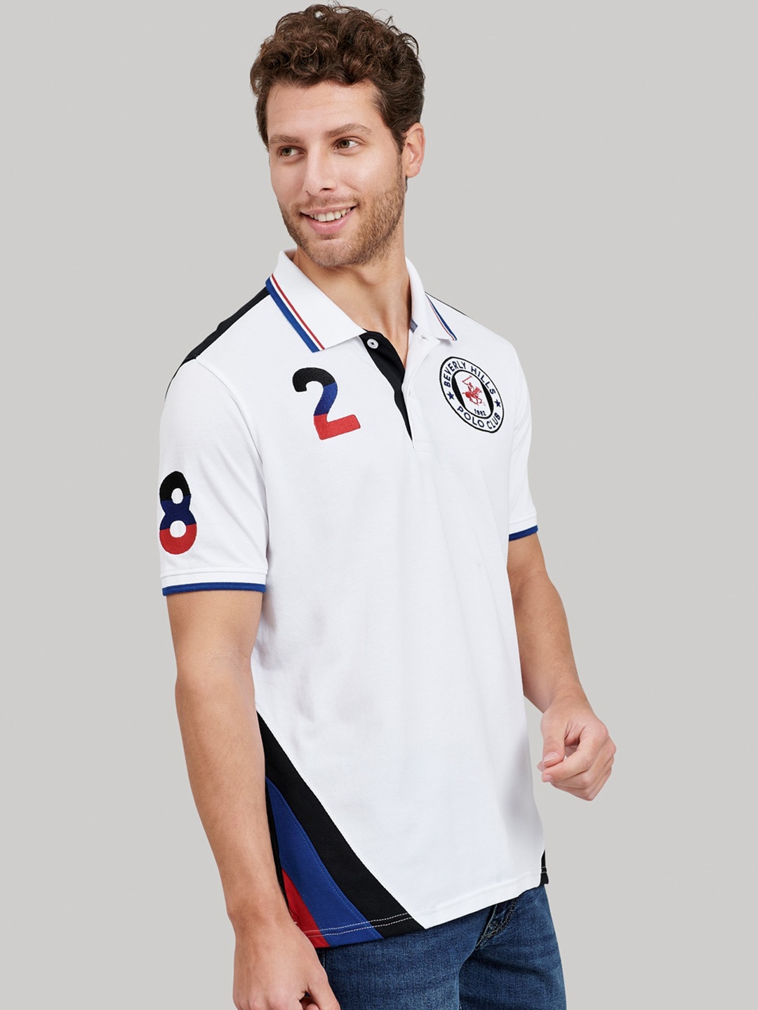 

Beverly Hills Polo Club Men White Colourblocked Polo Collar T-shirt
