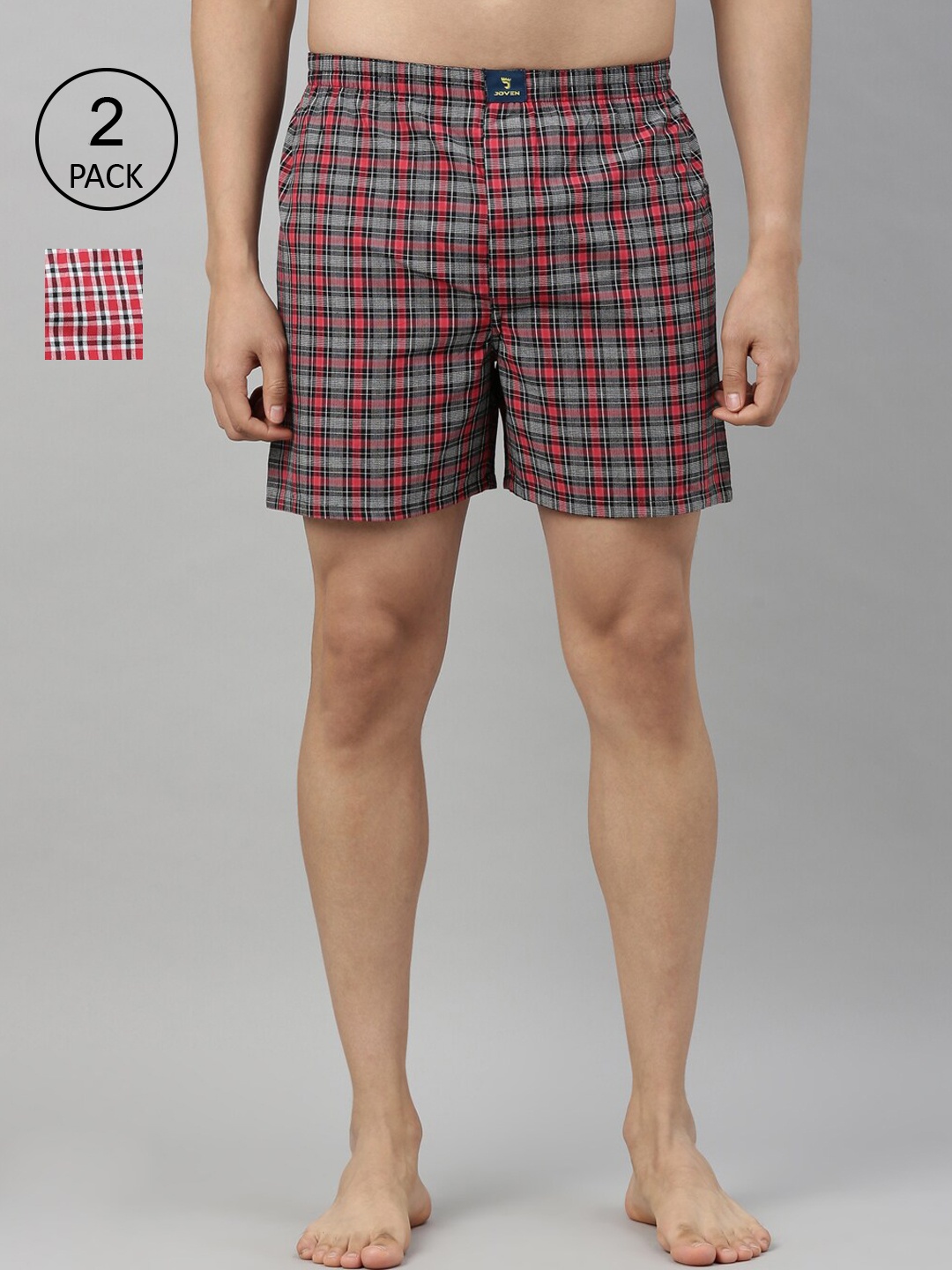 Joven Men Pack Of 2 Checked Boxers JB2C004, Red