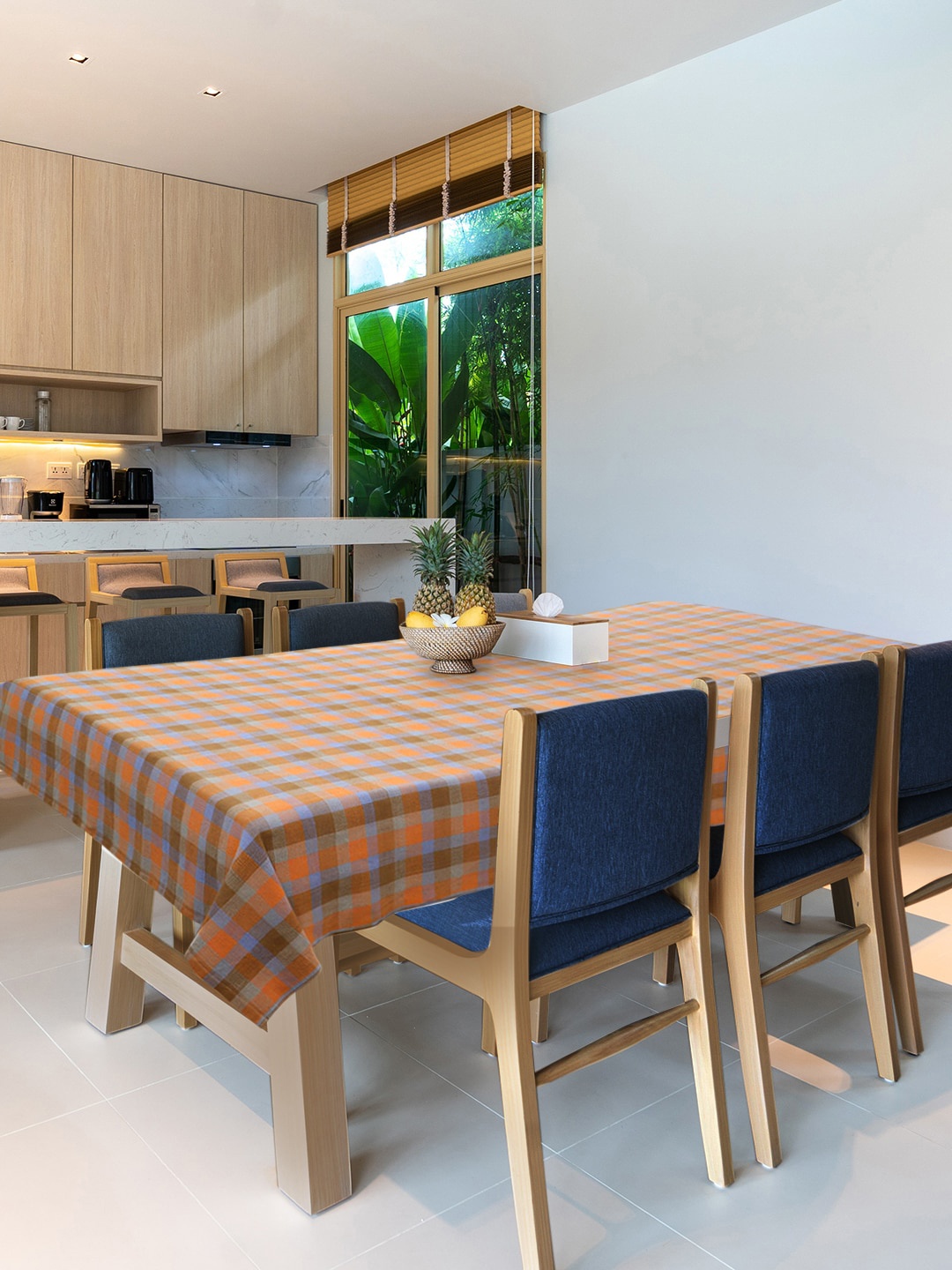 Mezposh Orange & Blue Checked 6-Seater Rectangular Table Cover