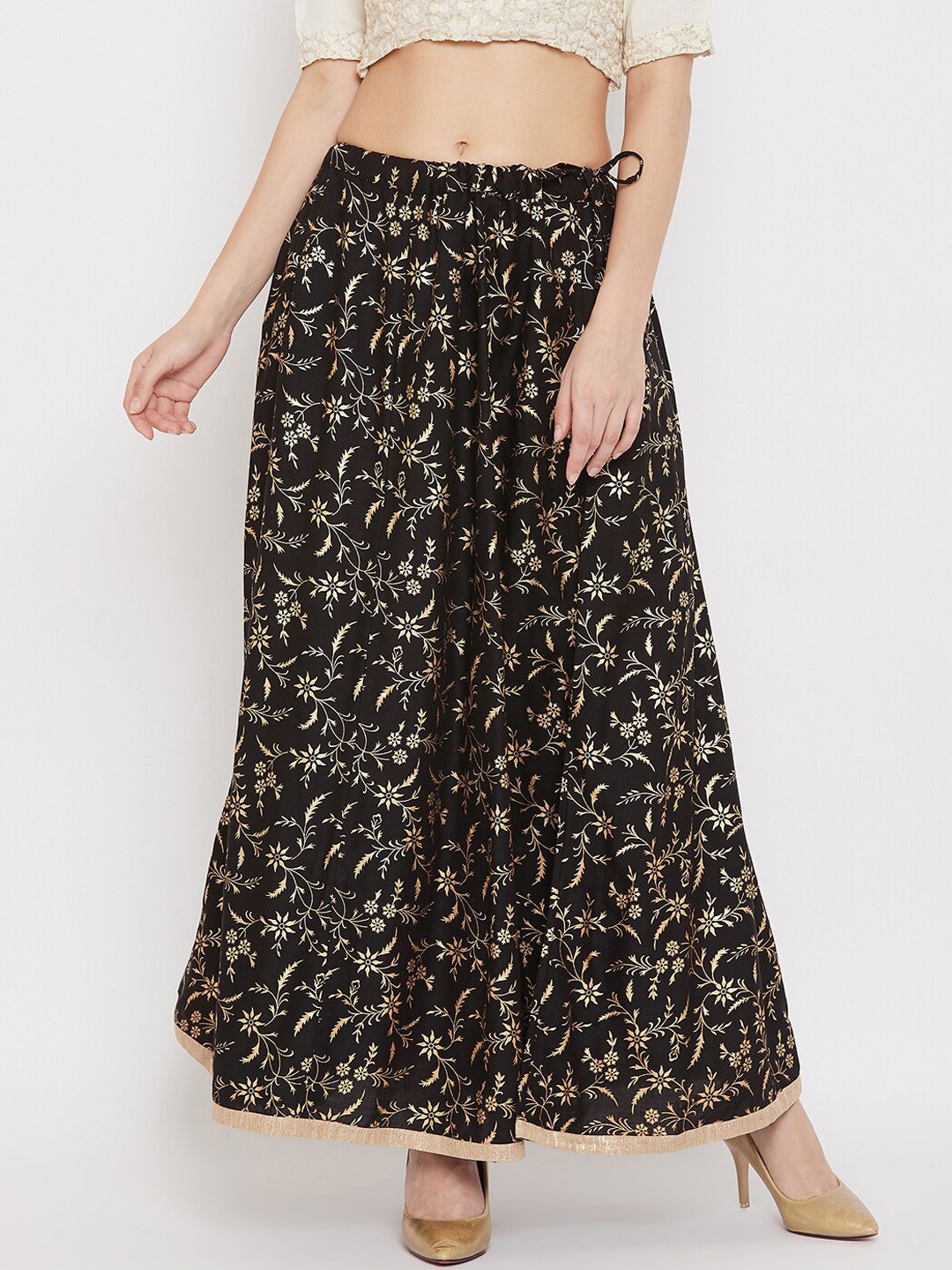 

Clora Creation Women Black & Gold-Coloured Printed Flared Maxi Skirt