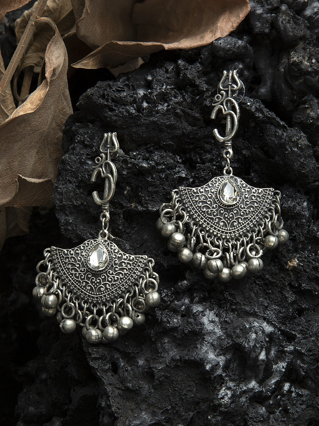 

Moedbuille Stones and Ghungroo Studded Tribal Design Oxidised Silver Plated Handcrafted Chandbalis