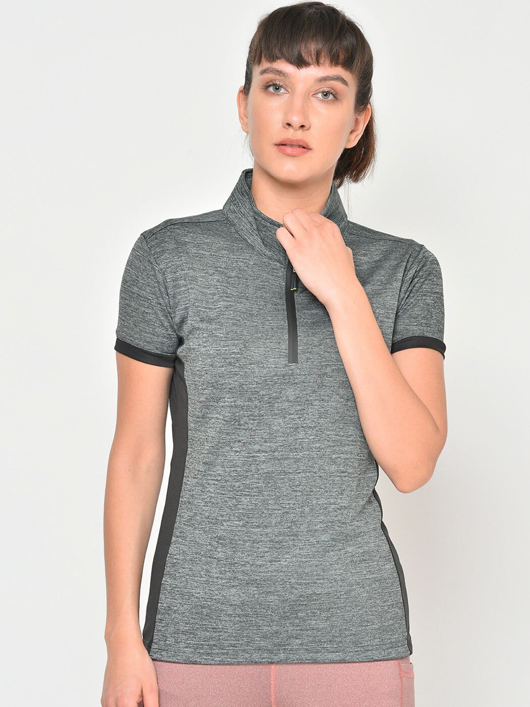 

CHKOKKO Women Grey Melange High Neck Training or Gym T-shirt