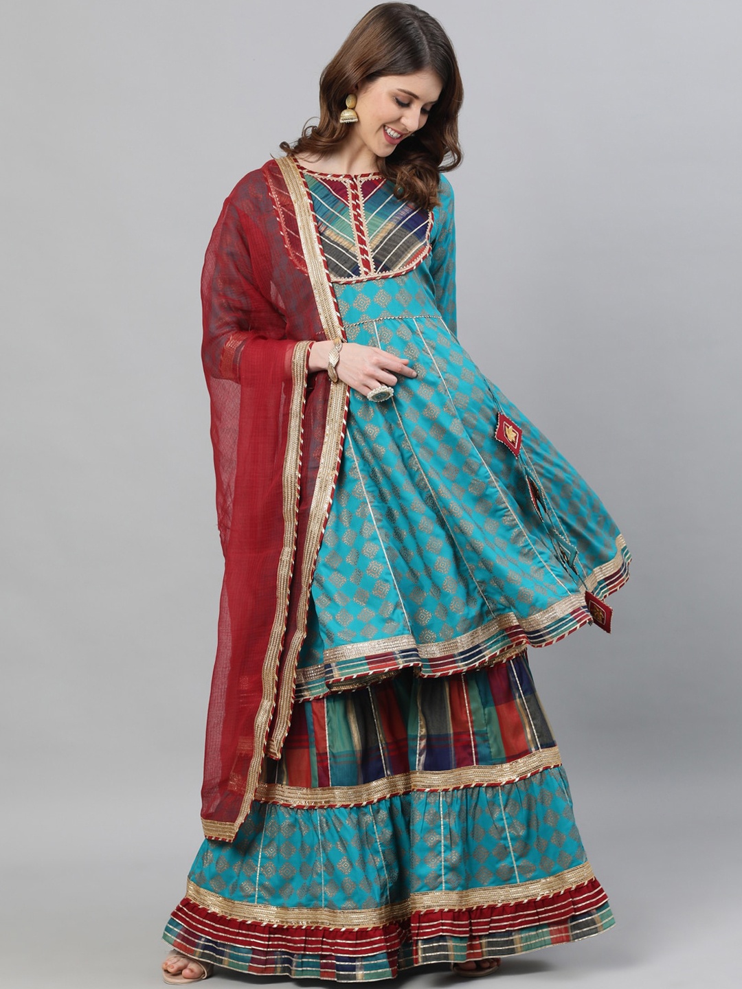 

Ishin Women Blue Woven Design Kurta with Sharara & Dupatta