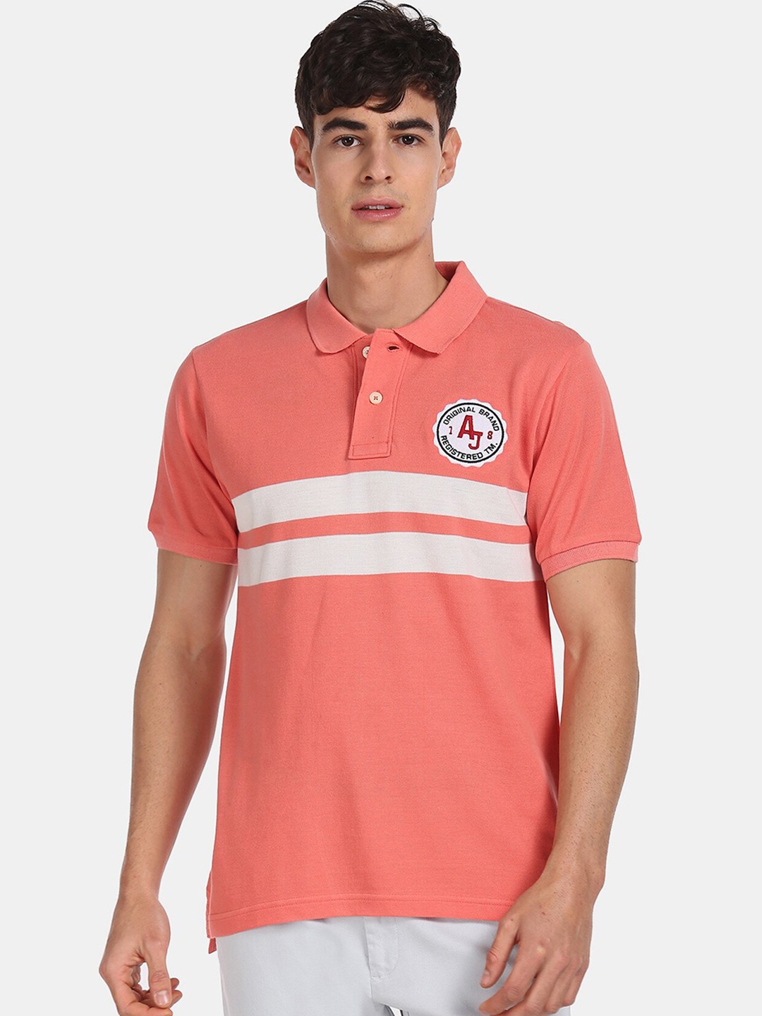 

Aeropostale Men Pink White Striped Polo Collar Pure Cotton T-shirt