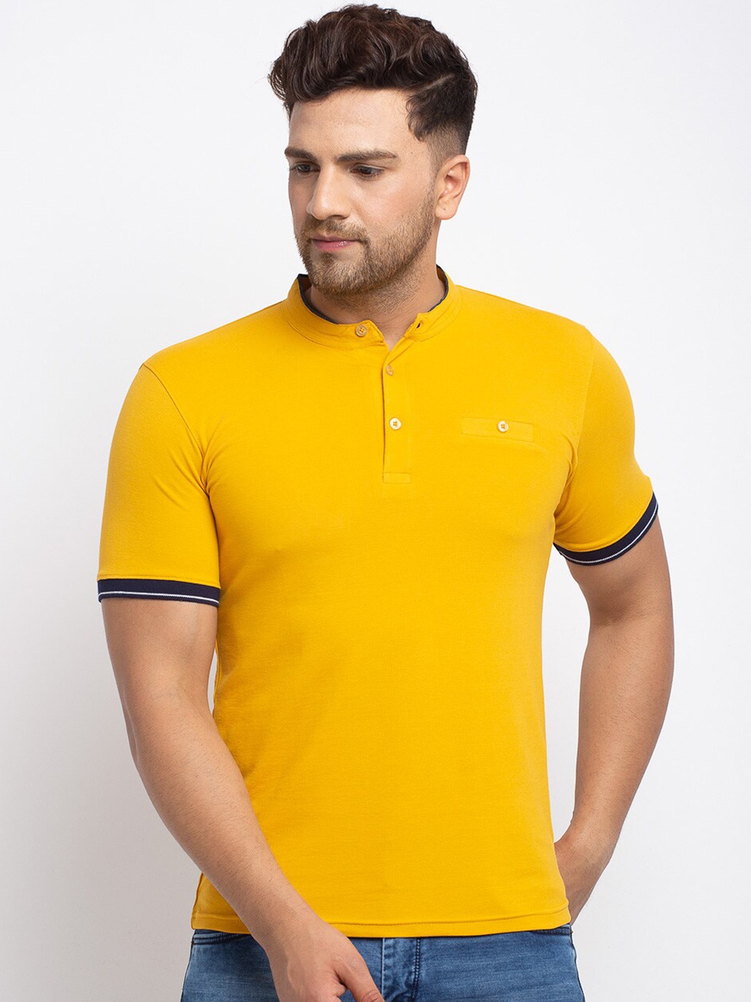 

Rodamo Men Mustard Yellow Solid Mandarin Collar T-shirt