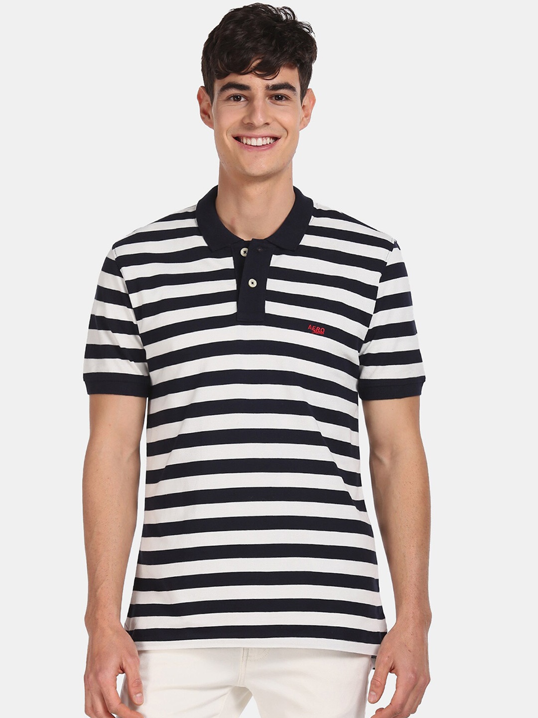

Aeropostale Men Navy Blue Striped Polo Collar Pure Cotton T-shirt