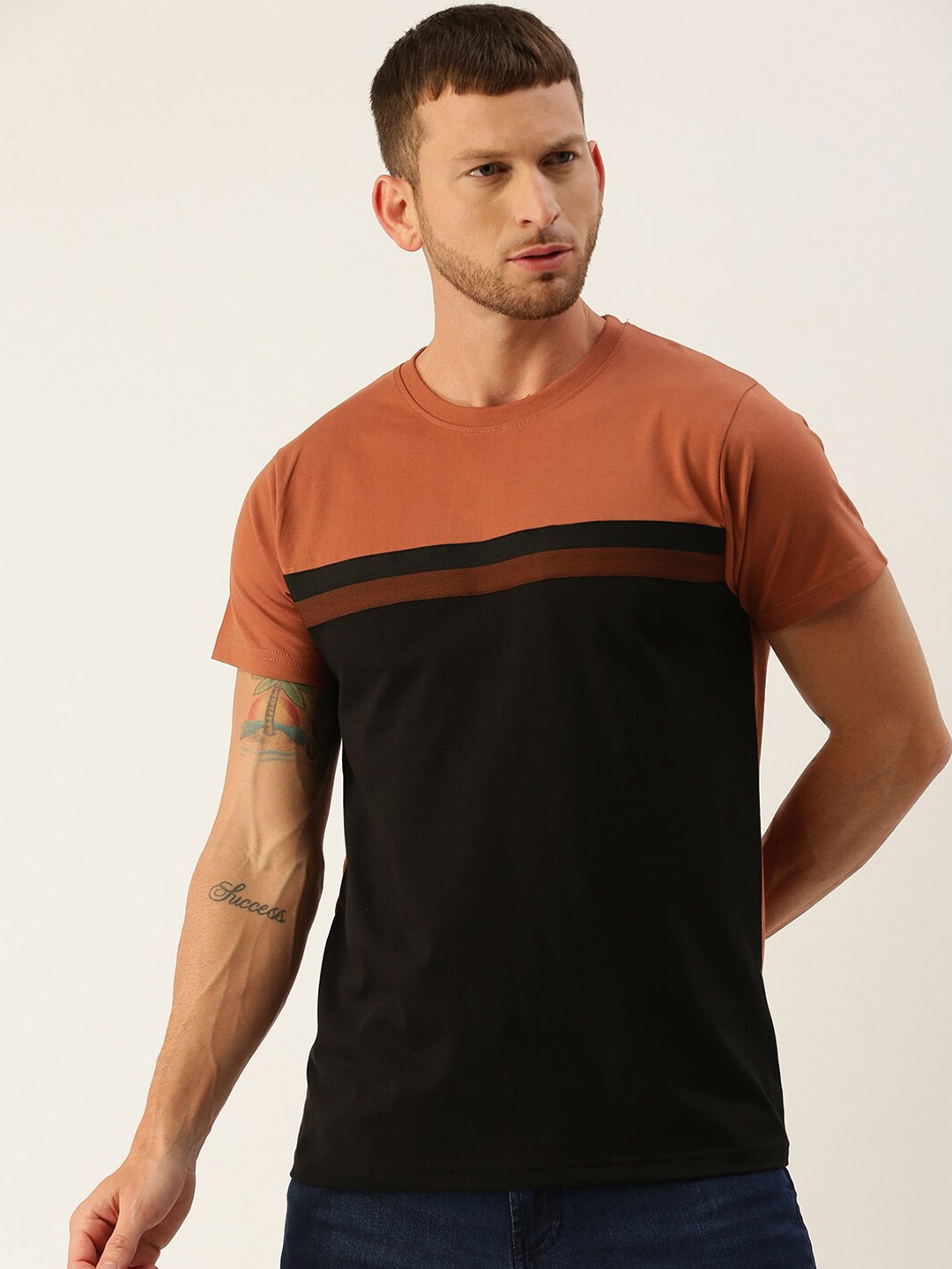 

DILLINGER Men Black Orange Colourblocked Round Neck Cotton Pure Cotton T-shirt