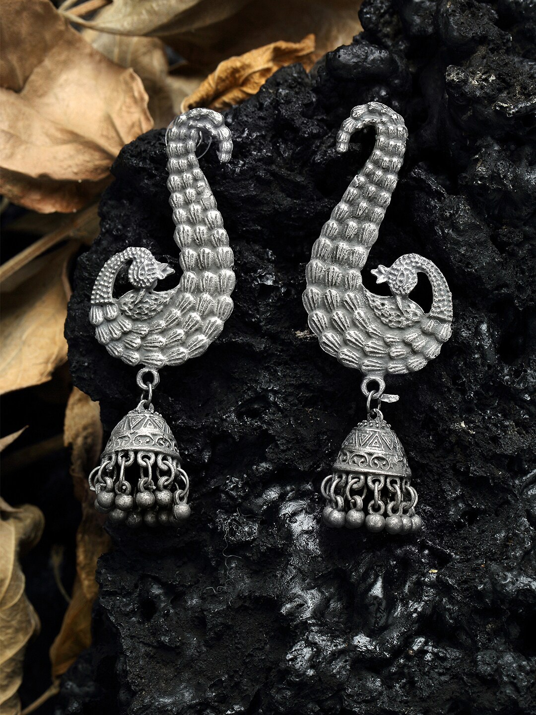 

Moedbuille Silver-Toned Peacock Shaped Jhumkas