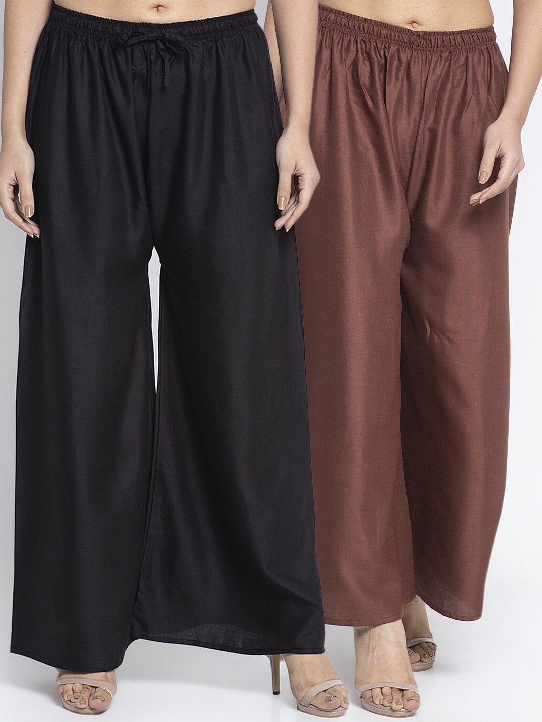 GRACIT Women Black & Brown Set of 2 Solid Wide Leg Palazzos