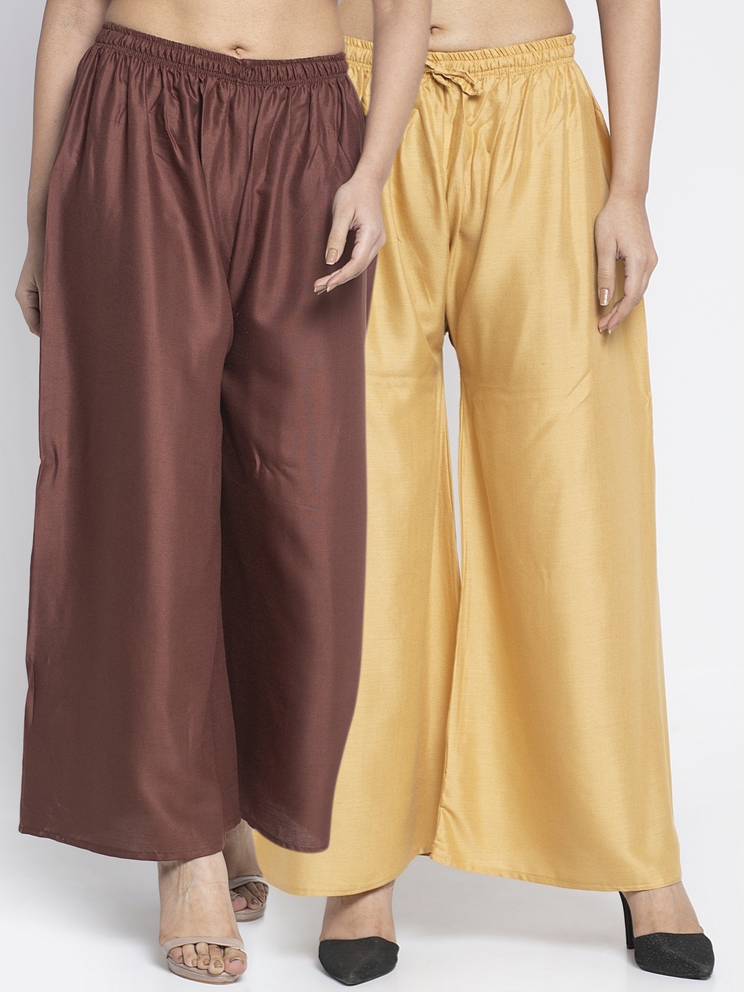 GRACIT Women Beige & Brown Set of 2 Solid Flared Palazzos
