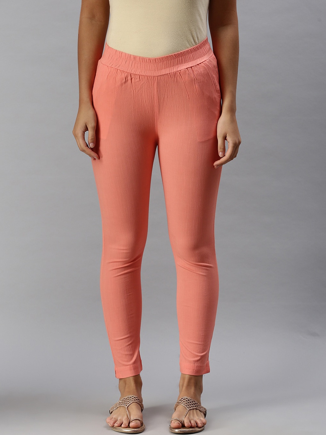 

Soch Women Peach-Coloured Skinny Fit Solid Regular Trousers