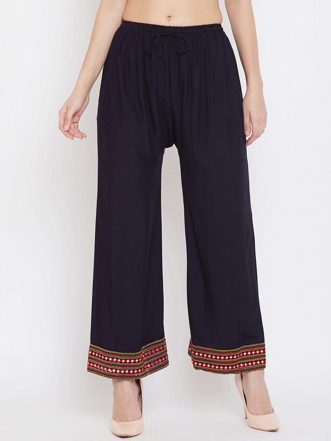 

Clora Creation Women Navy Blue & Red Hem Design Wide Leg Palazzos