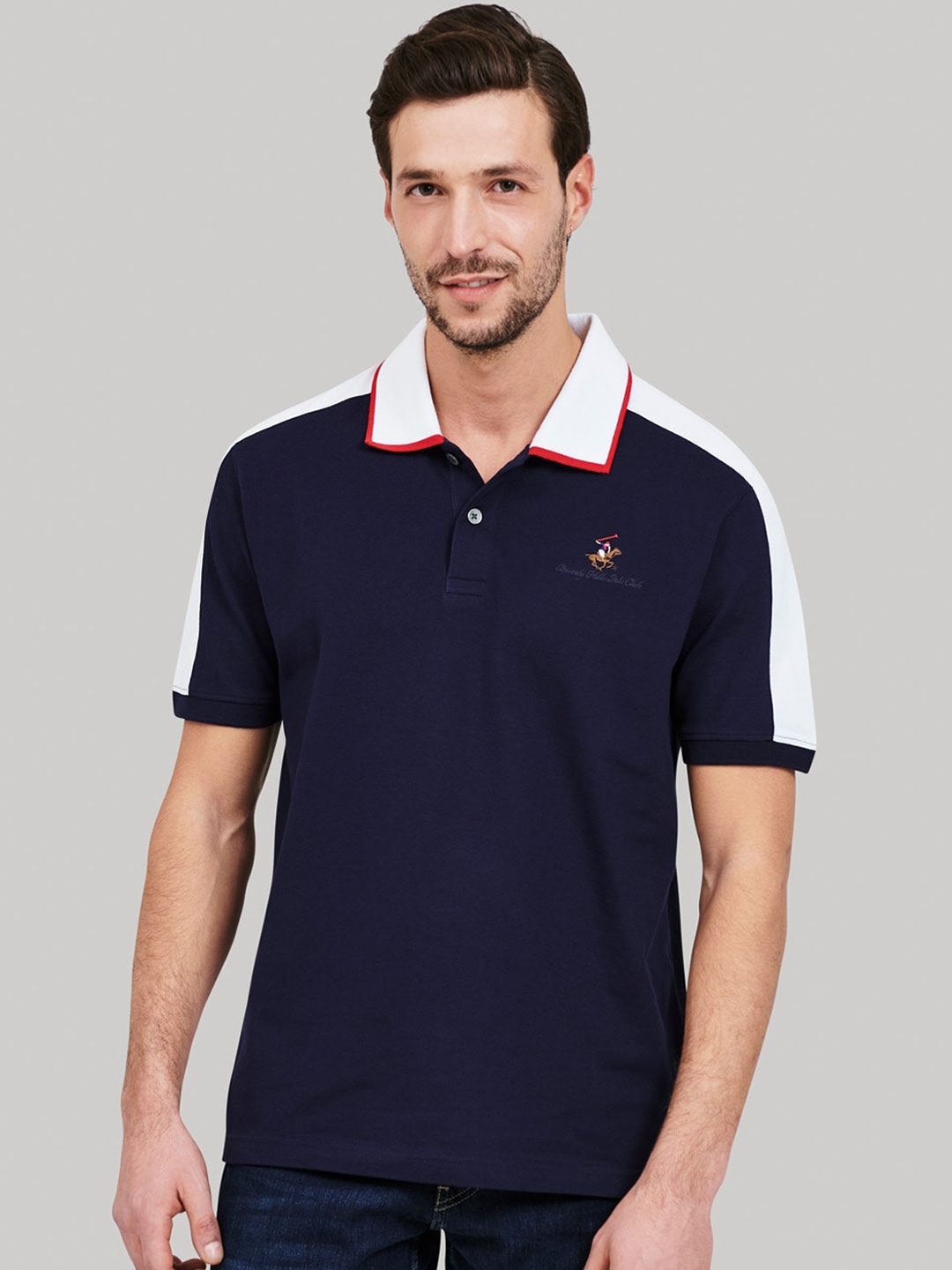 

Beverly Hills Polo Club Men Navy Blue Solid Polo Collar T-shirt