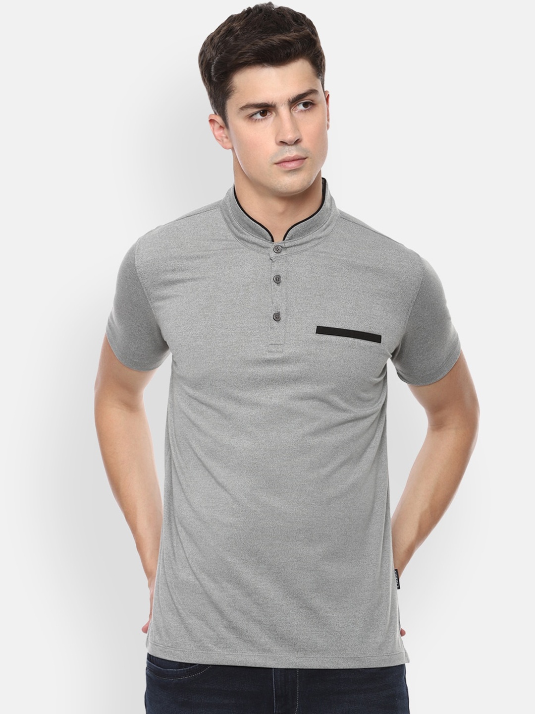 

V Dot Men Grey Solid Mandarin Collar T-shirt