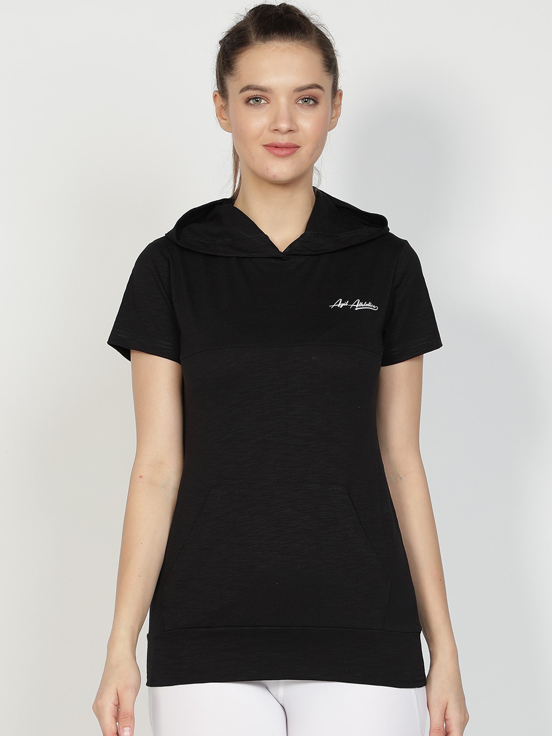 

AGIL ATHLETICA Women Black Solid Hood T-shirt