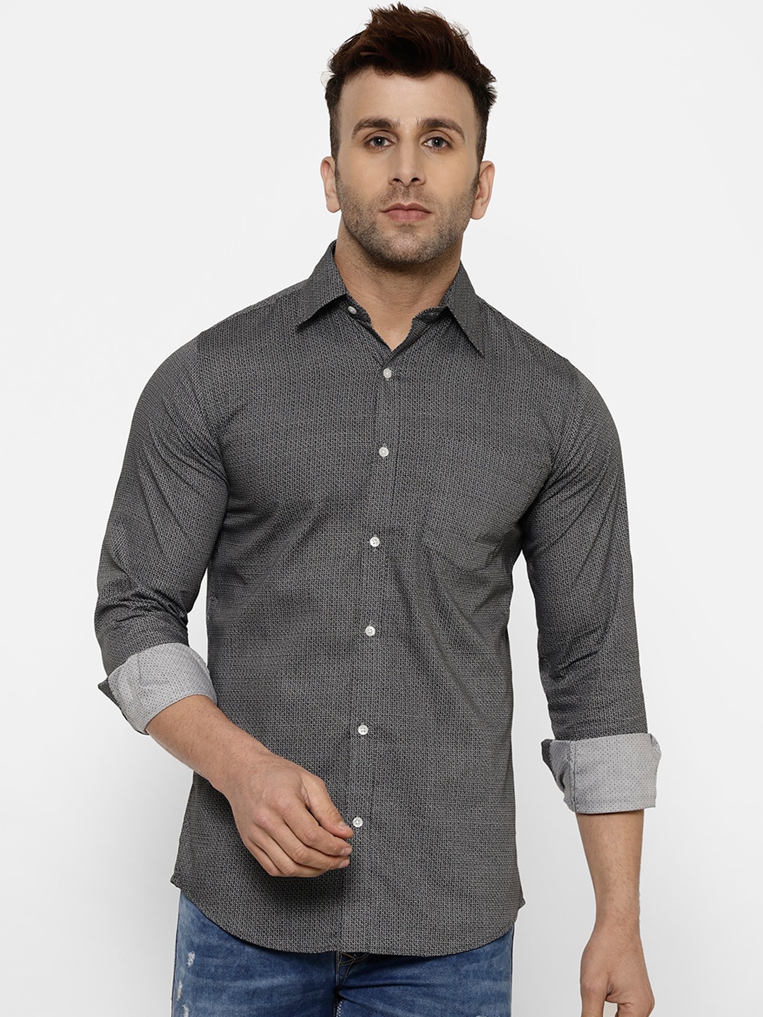 cape canary Men Grey Regular Fit Printed Casual Shirt