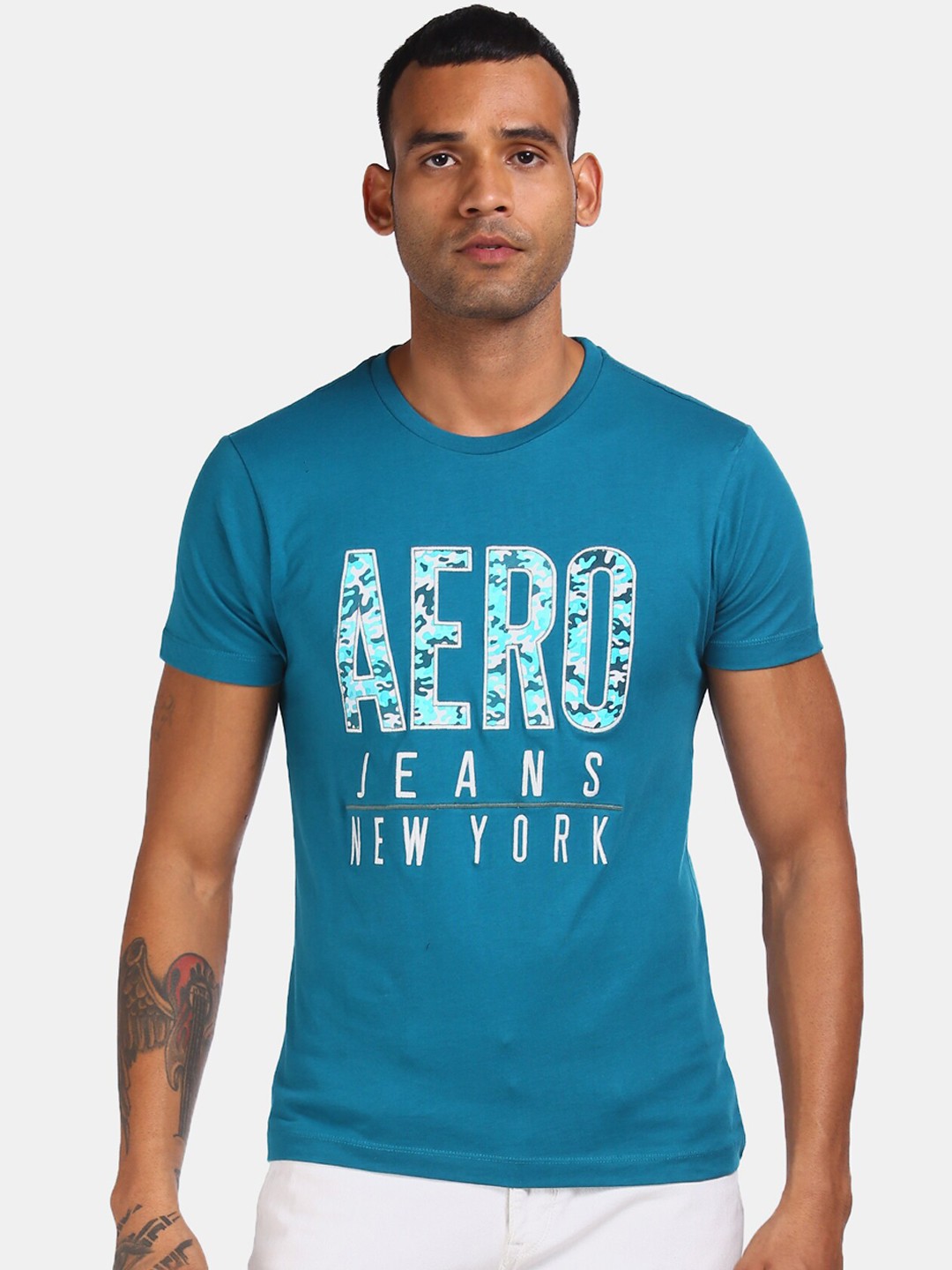 

Aeropostale Men Blue Printed Round Neck Cotton Pure Cotton T-shirt