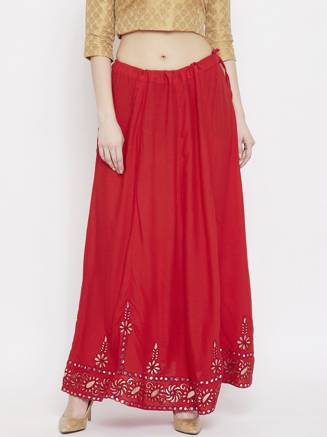 

Clora Creation Women Red Embellished Flared Maxi Skirt