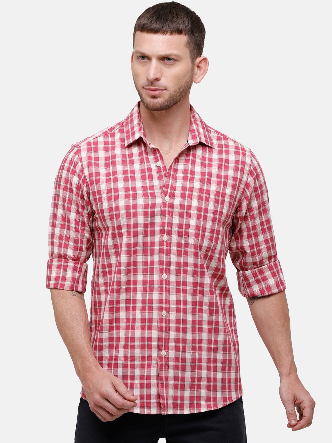 

CAVALLO by Linen Club Men Pink & White Regular Fit Checked Casual Shirt
