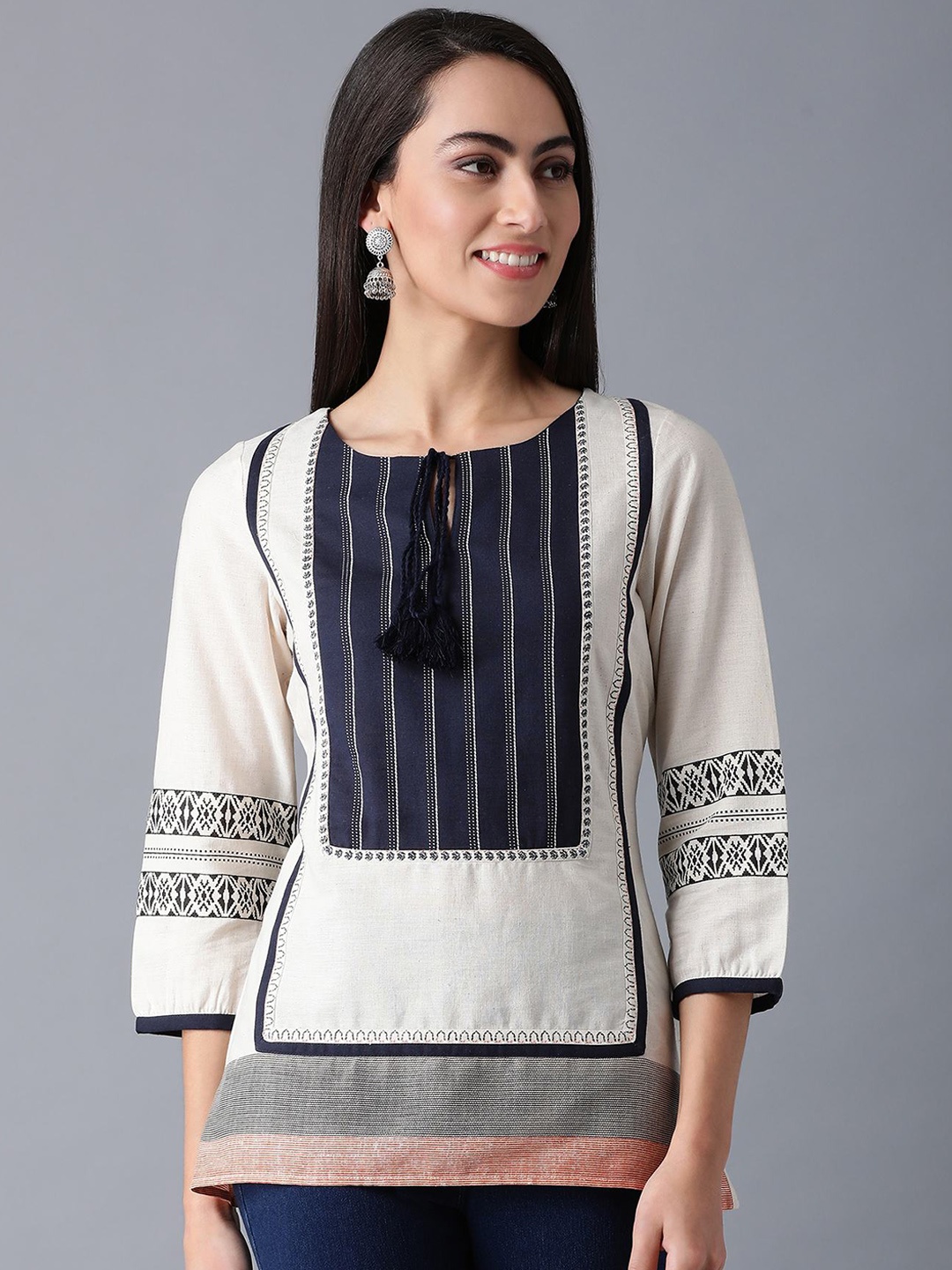 

W Navy Blue & Off White Printed Tie-up Neck Regular Top
