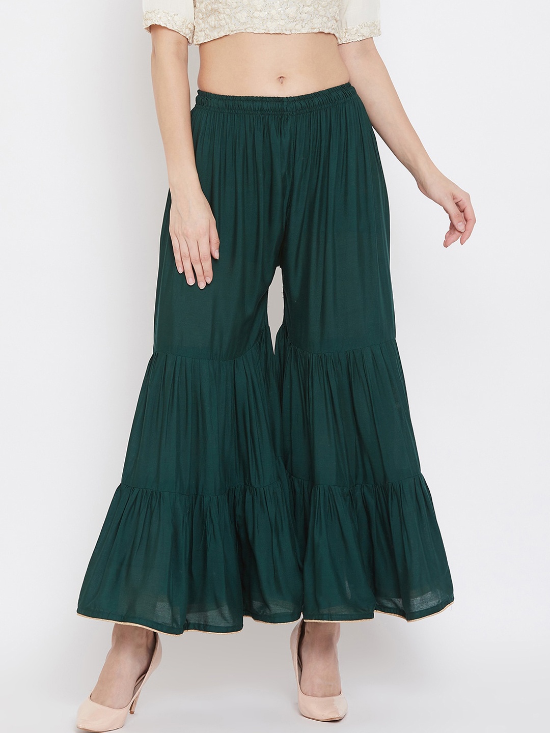 

Clora Creation Women Teal & Gold-Toned Solid Flared Palazzos
