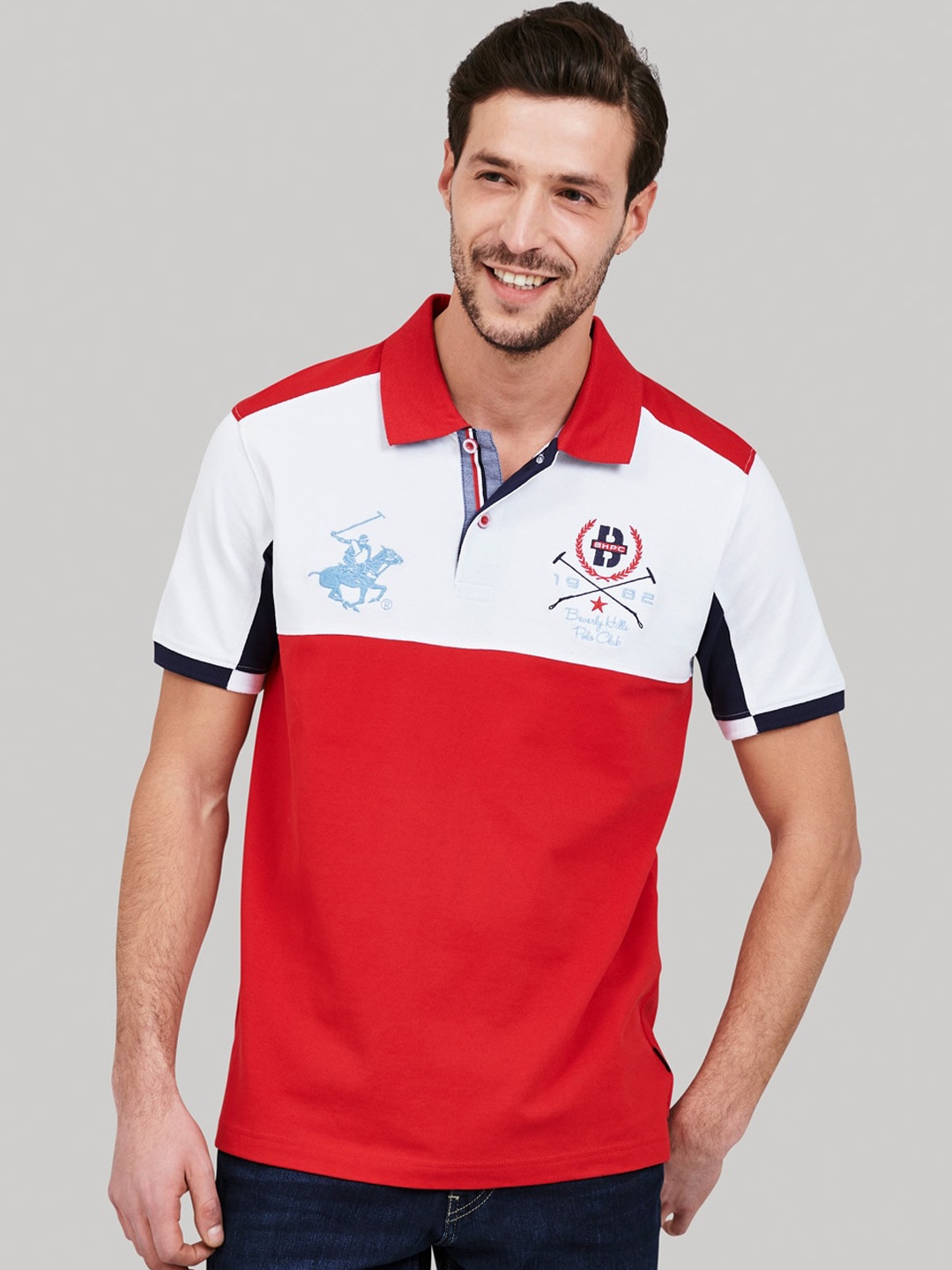 

Beverly Hills Polo Club Men Red & White Colourblocked Polo Collar T-shirt
