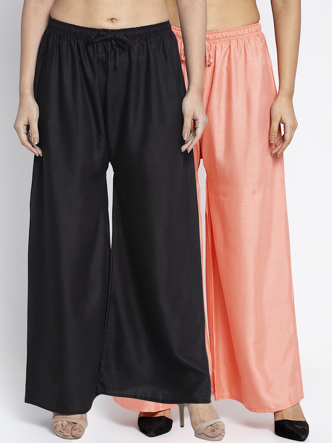 

GRACIT Women Black & Peach-Coloured Solid Flared Palazzos