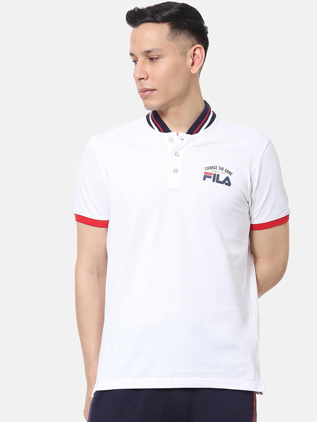 

FILA Men White Solid Mandarin Collar T-shirt