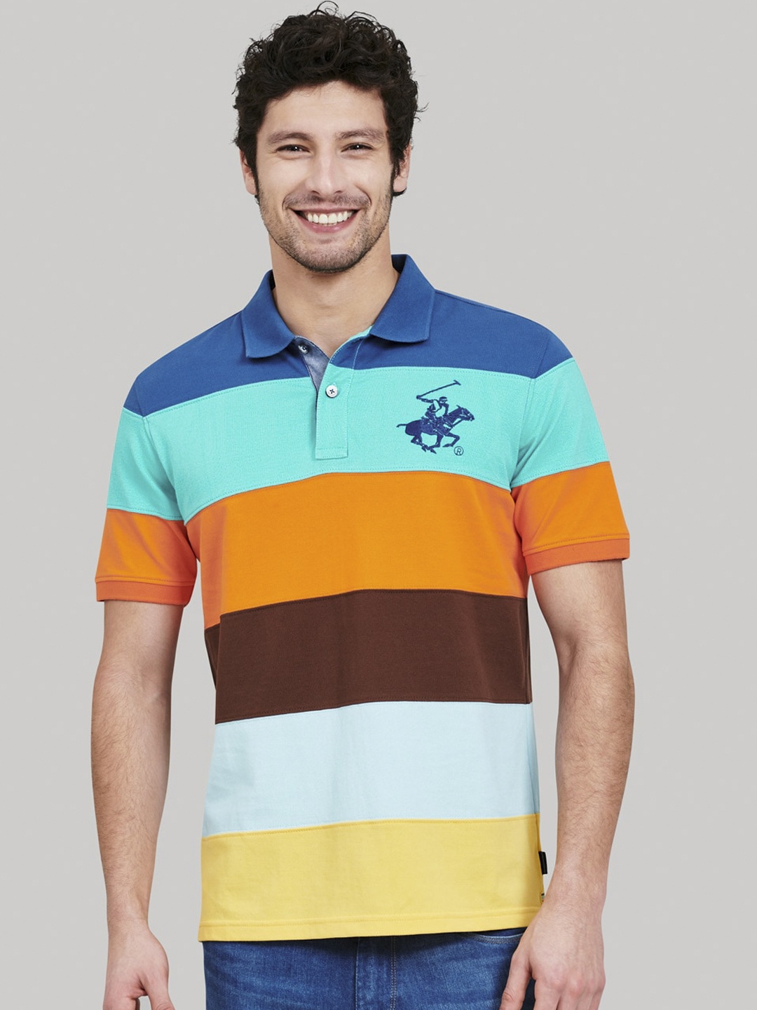 

Beverly Hills Polo Club Men Blue & Orange Striped Polo Collar T-shirt