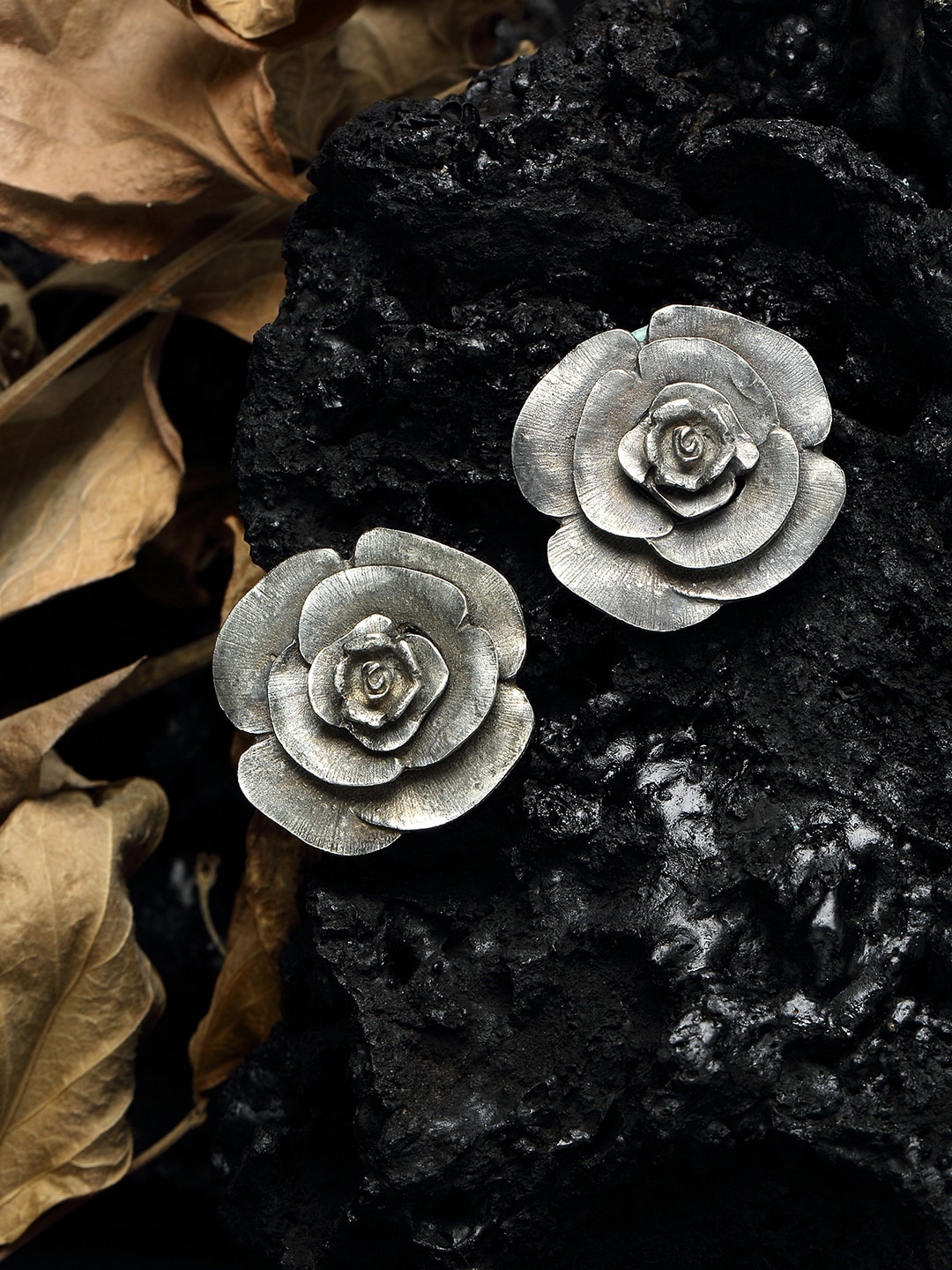 

Moedbuille Floral Design Oxidised Silver Plated Handcrafted Temple Tribal Studs