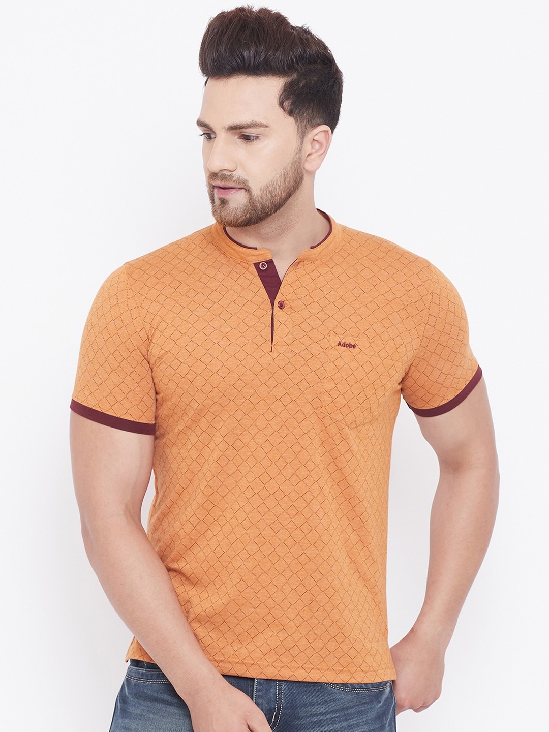 

Adobe Men Orange Printed Henley Neck T-shirt