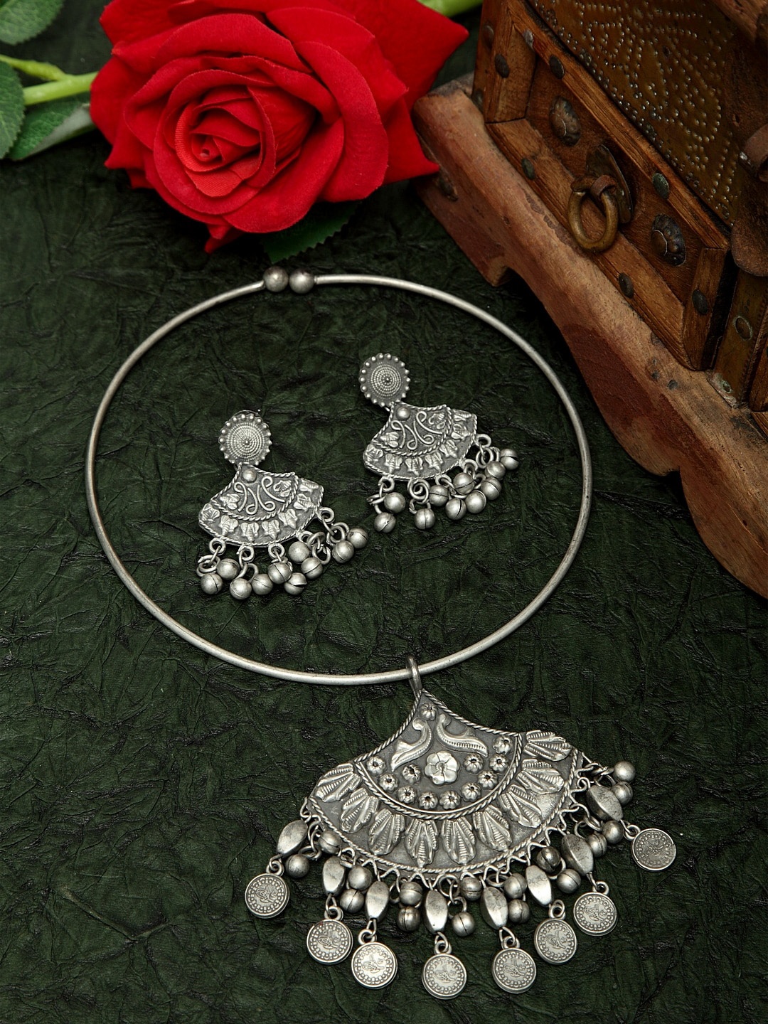 

Moedbuille Ghungroo Studded Oxidised Silver Plated Handcrafted Afghan Design Jewelry Set