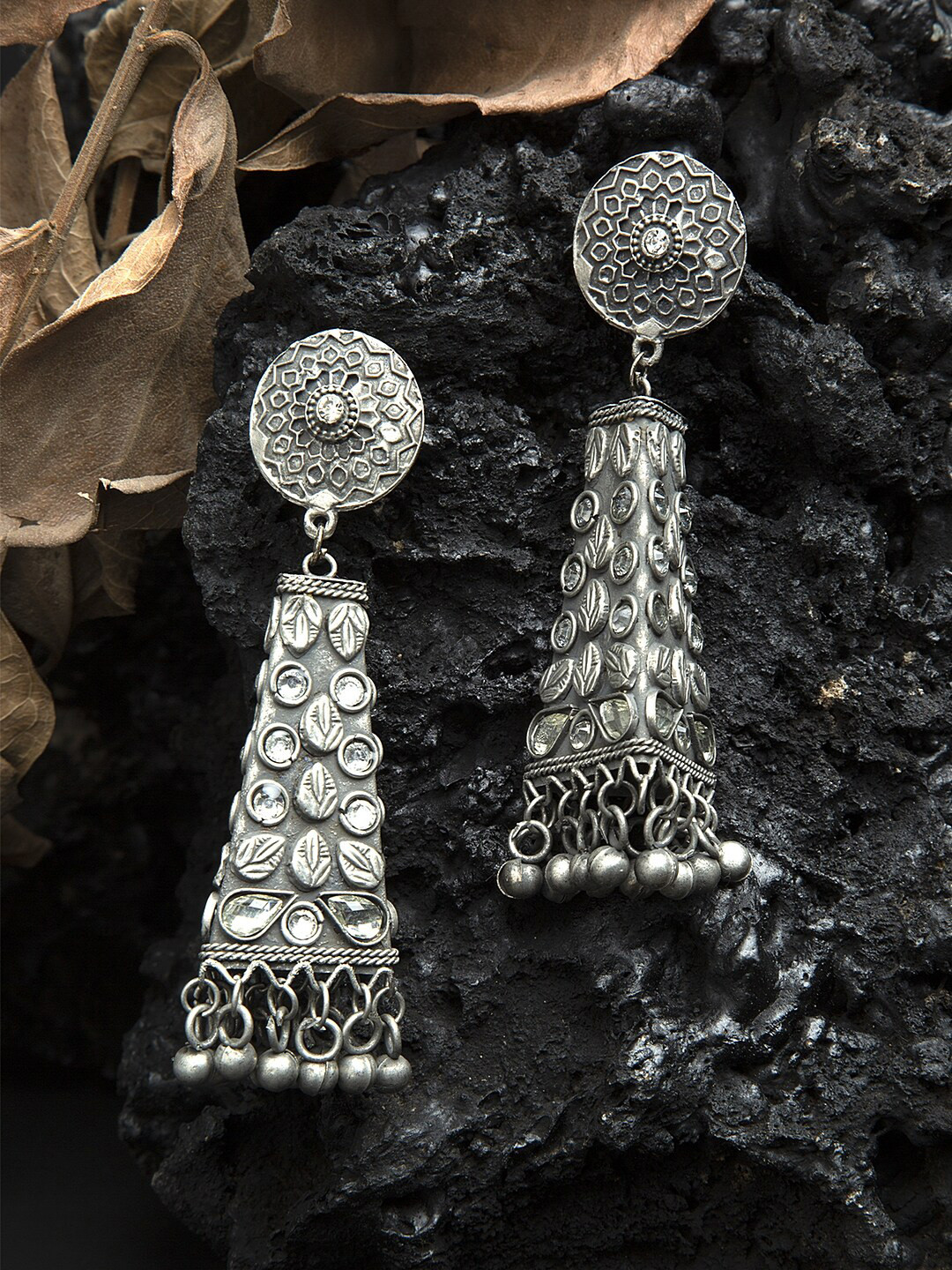 

Moedbuille Stones Studded Oxidised Silver Plated Handcrafted Tribal Jhumkas