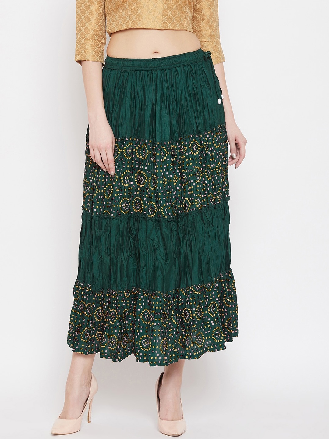 

Clora Creation Women Green & Yellow Geometric Printed Tiered Maxi Skirt