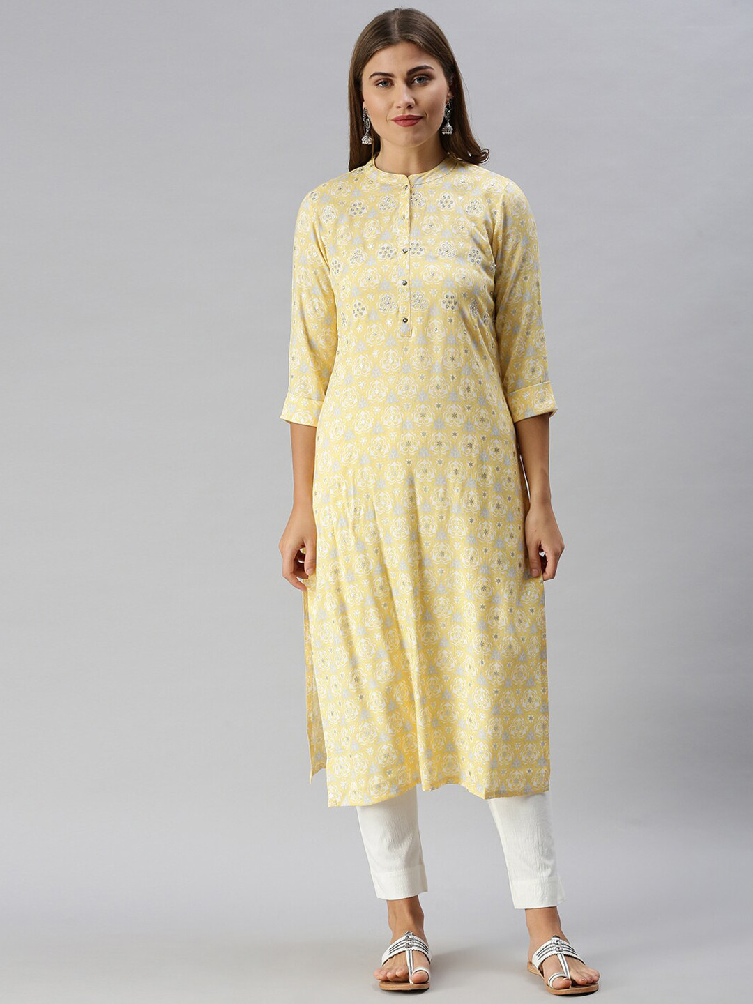 

Soch Women Yellow & White Ethnic Motifs Printed Sequins Kurta