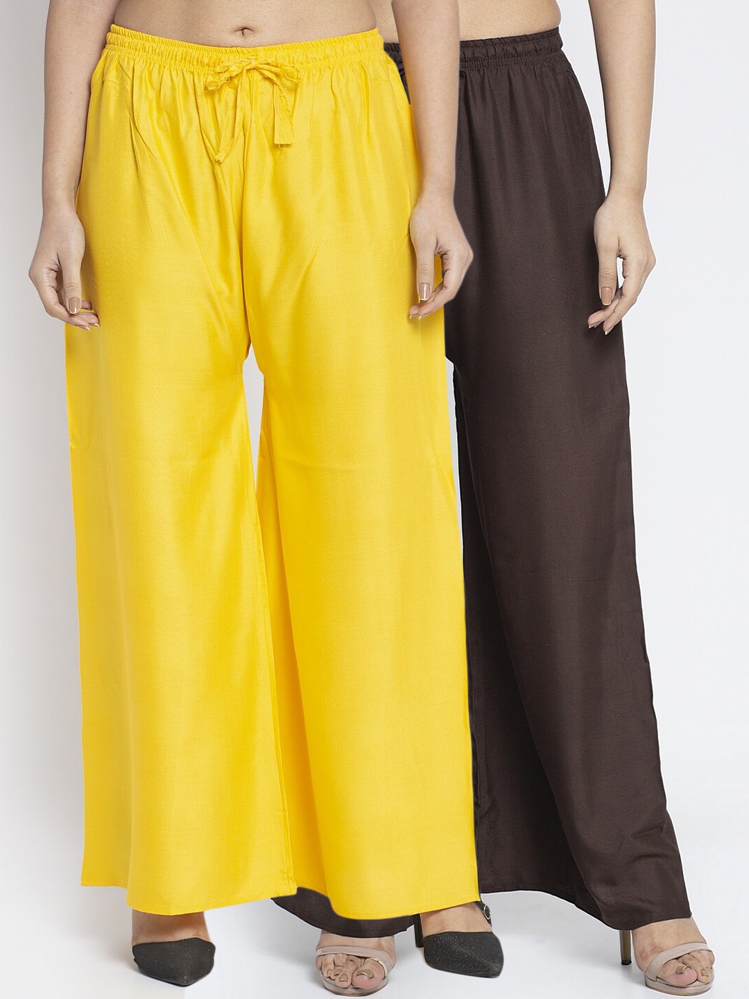 

GRACIT Women Pack of 2 Yellow & Brown Solid Flared Palazzos