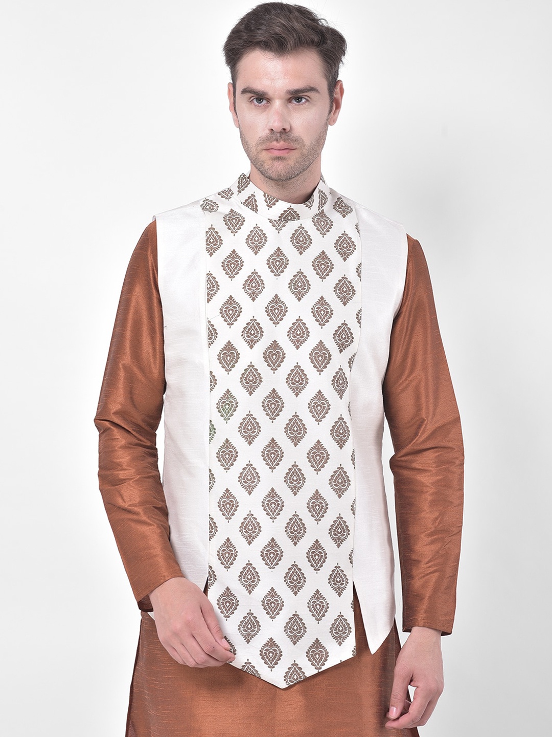 

DEYANN Men Off-White & Brown Printed Woven Nehru Jacket