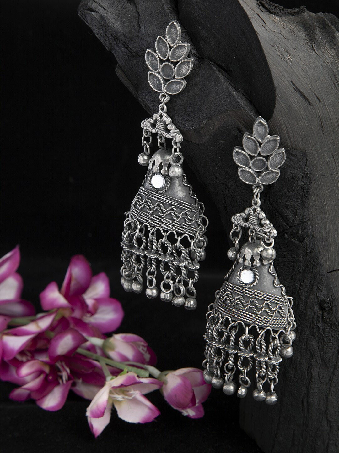 

Moedbuille Beads Studded Tasselled Design Oxidised Silver Plated Handcrafted Tribal Earrings