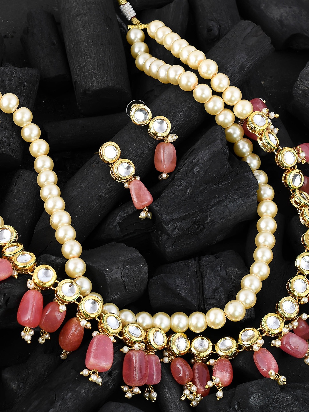 Silvermerc Designs Gold-Plated Off-White & Pink Kundan-Studded & Pearl-Studded Handcrafted Jewellery Set