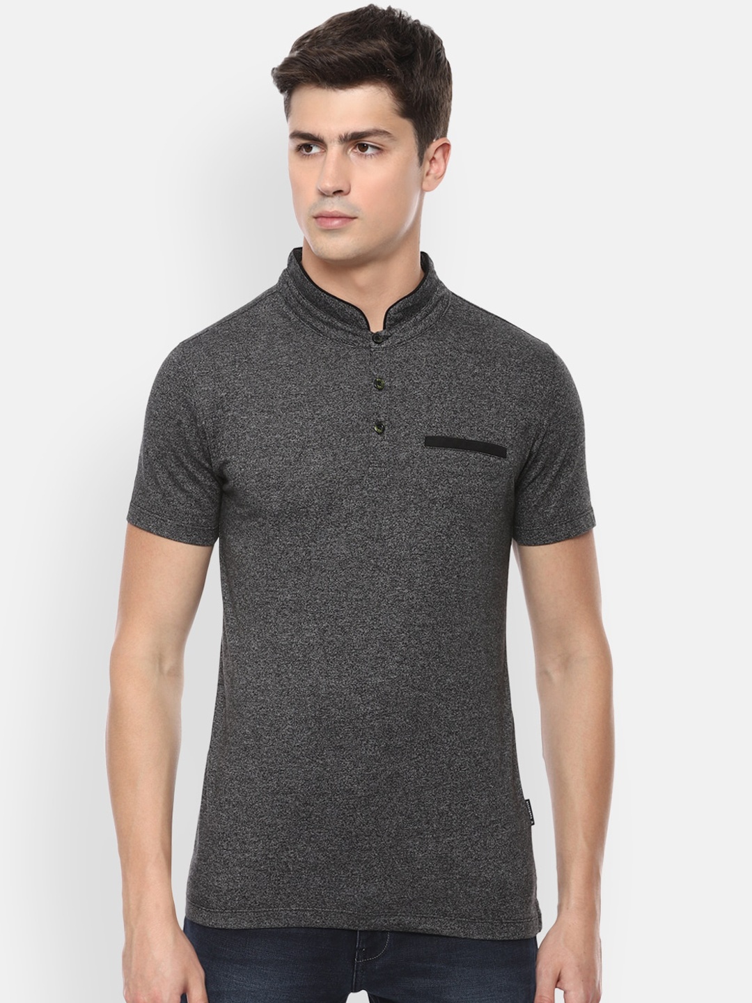 

V Dot Men Grey Self Design Polo Collar Cotton Pure Cotton T-shirt