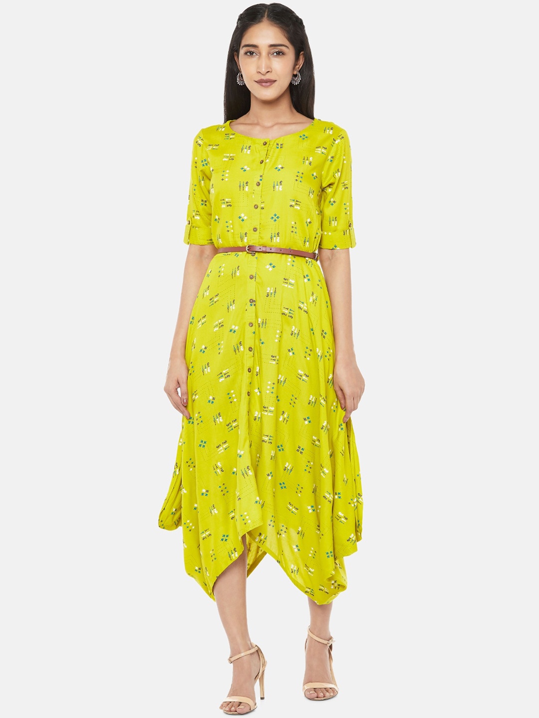 

AKKRITI BY PANTALOONS Women Lime Green Printed Viscose Rayon A-Line Dress