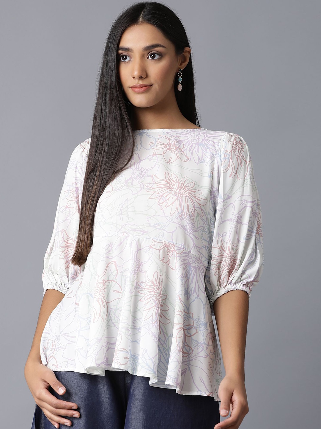 

W Off White Floral Printed Puff Sleeves A-line Top