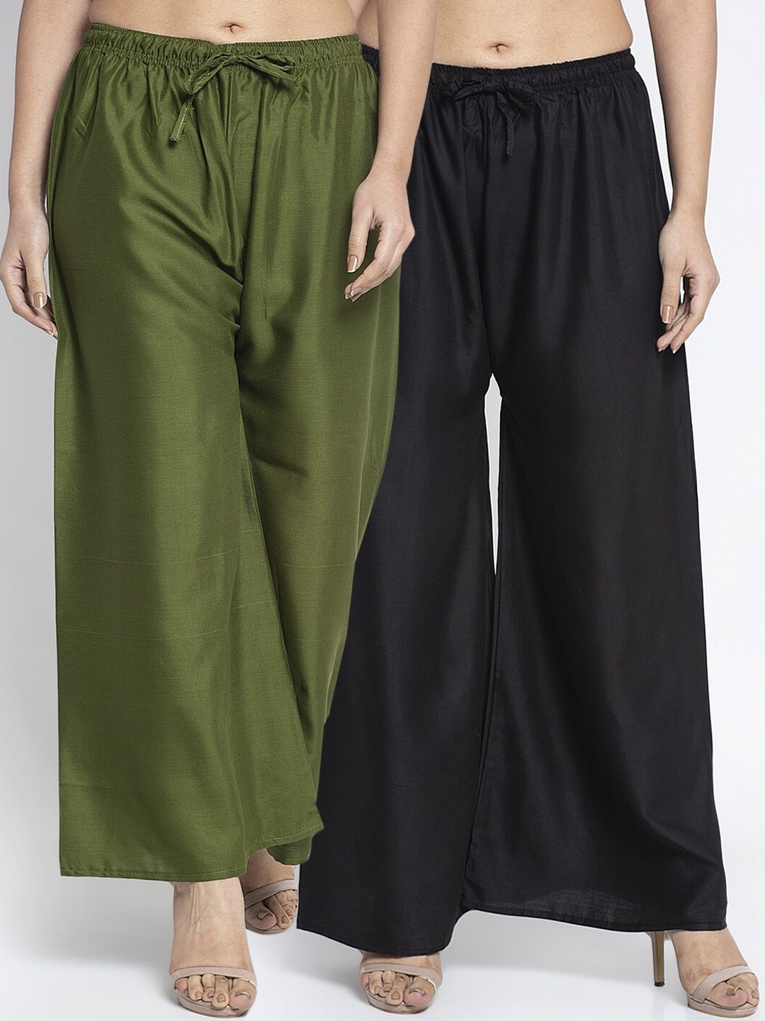 

GRACIT Women Black & Olive Green Solid Wide Leg Palazzos