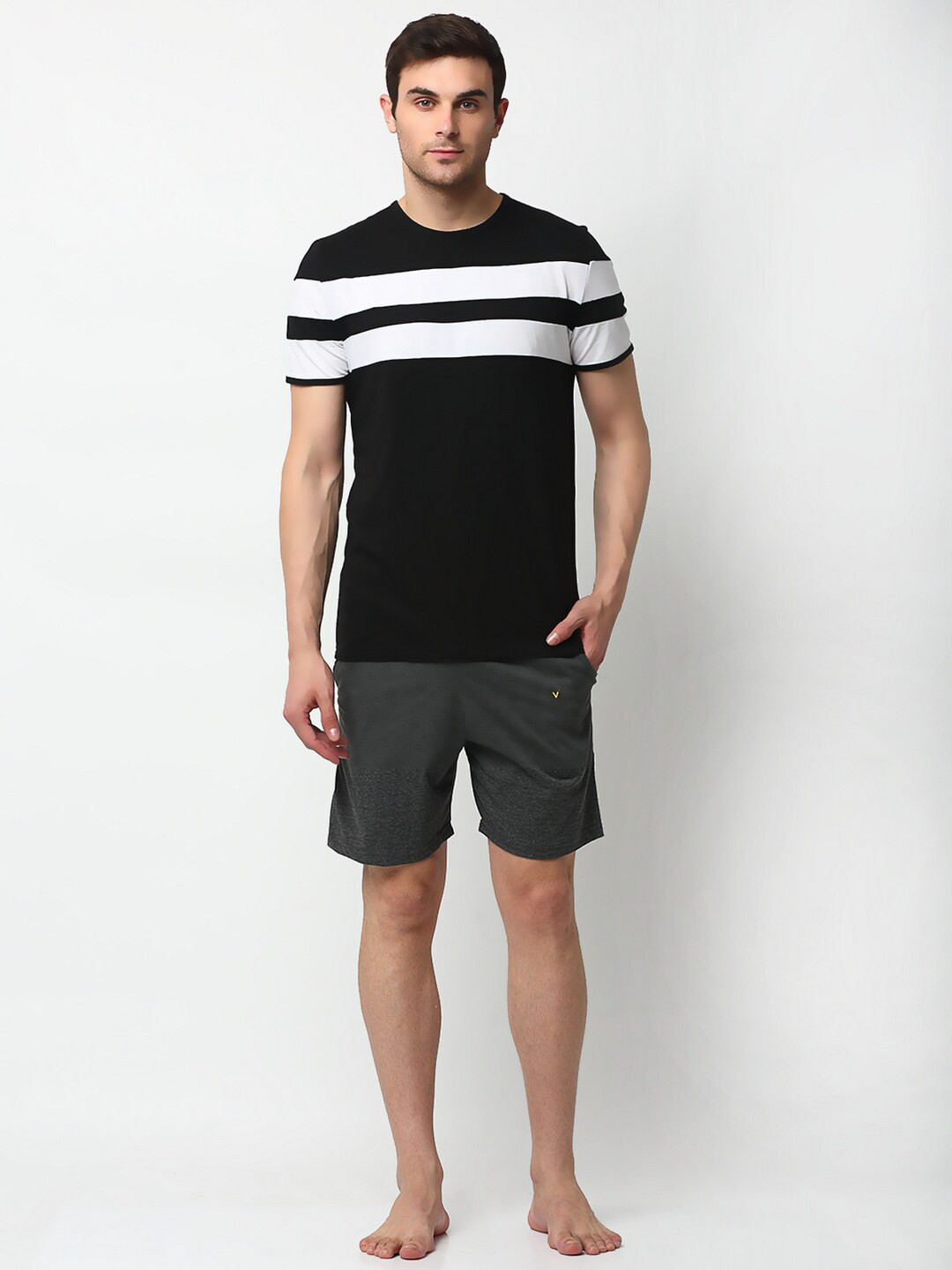 

VIMAL JONNEY Men Black & Grey Striped Night suit