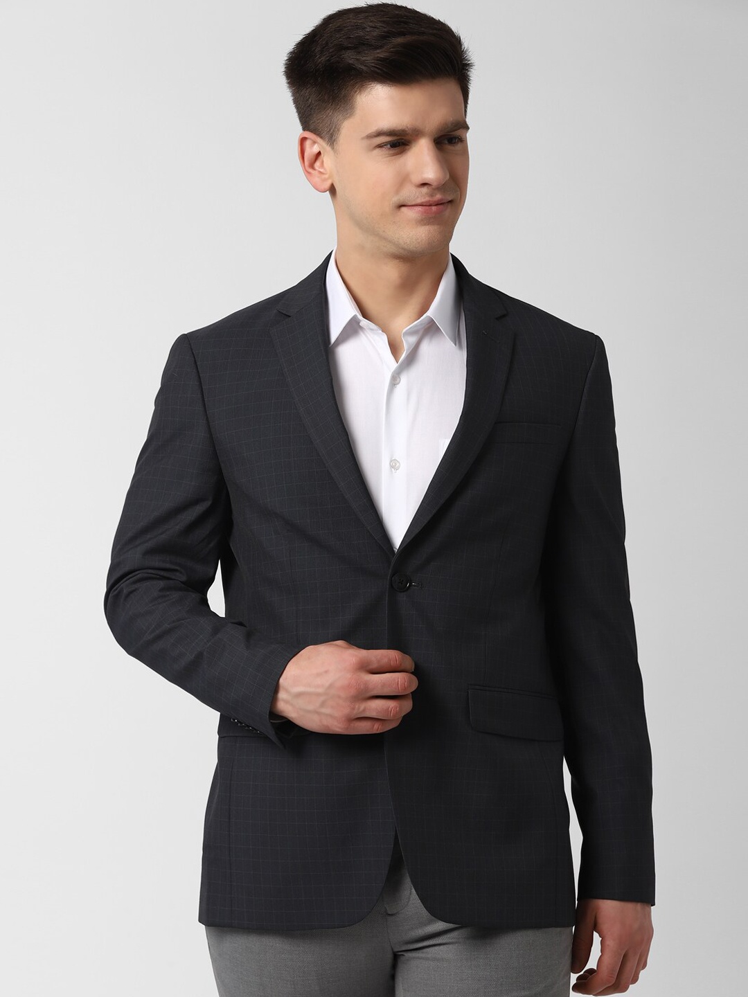 

Peter England Elite Men Charcoal Grey Checked Slim-Fit Single-Breasted Formal Blazer