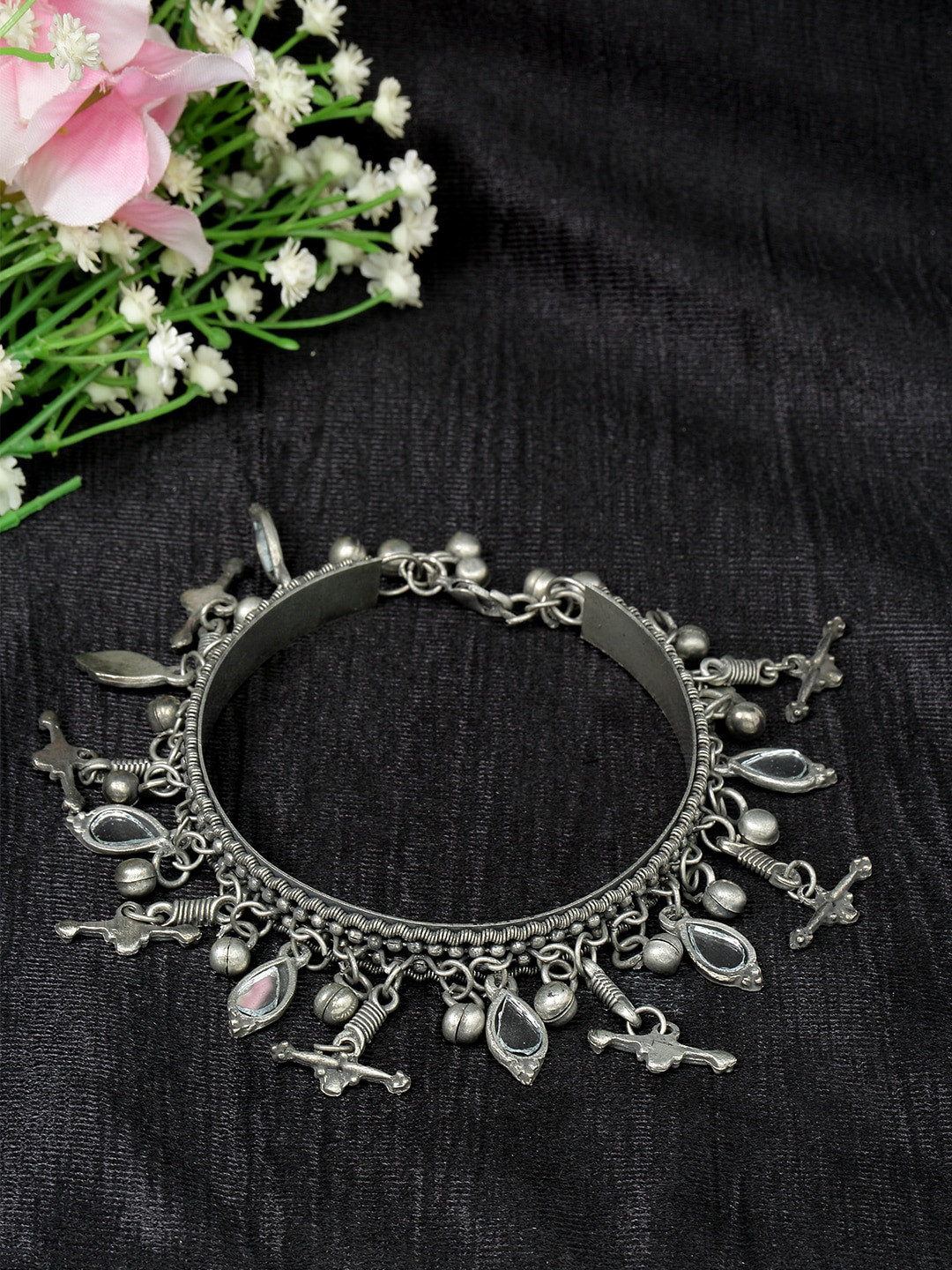 

Moedbuille Mirror Studded Filigree Work Oxidised Silver Plated Handcrafted Tribal Charm Bracelet