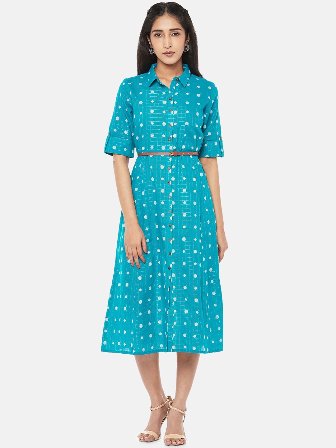 

AKKRITI BY PANTALOONS Women Turquoise Blue Printed Cotton Shirt Dress