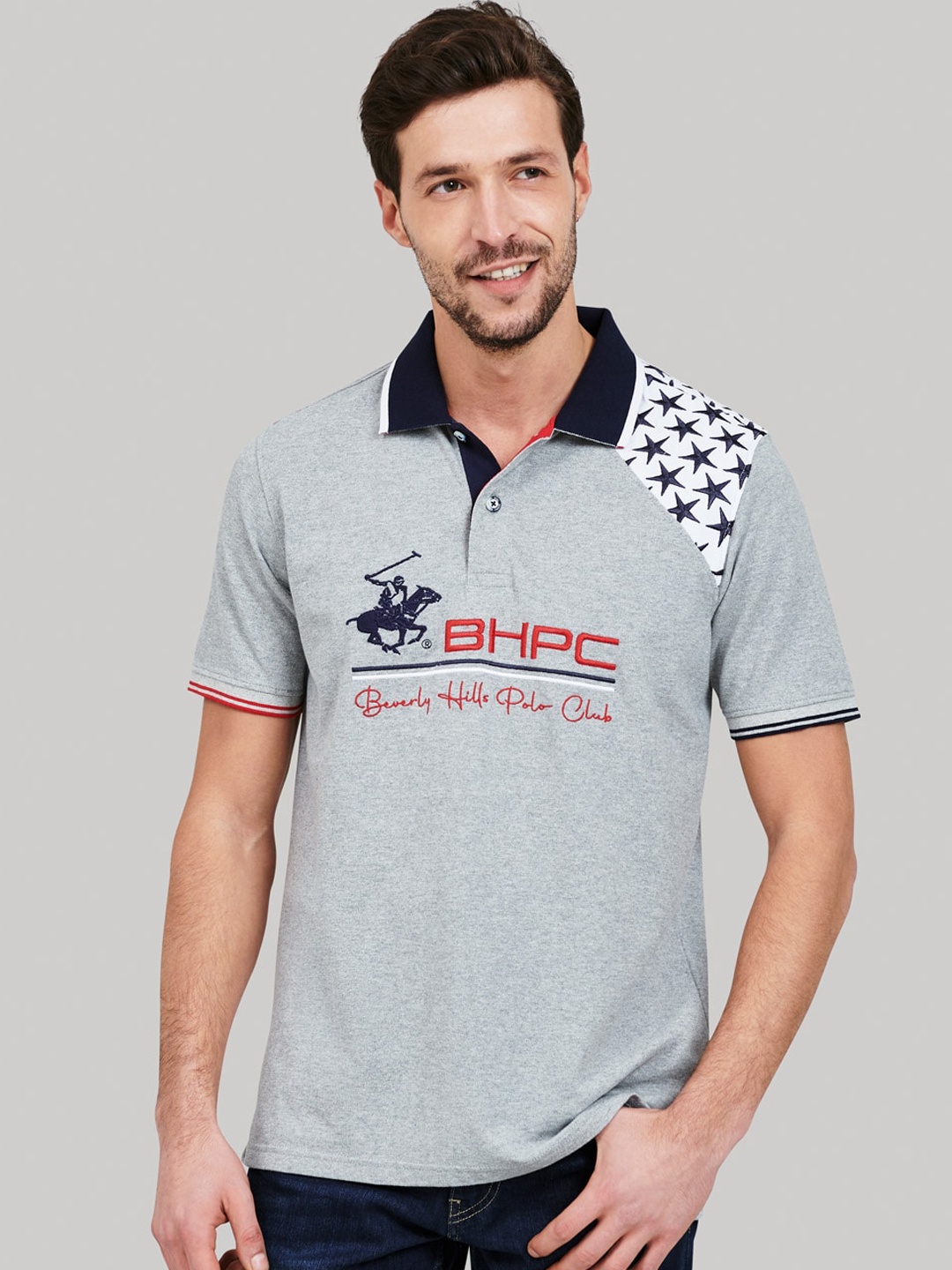 Beverly Hills Polo Club Men Grey Printed Polo Collar T-shirt